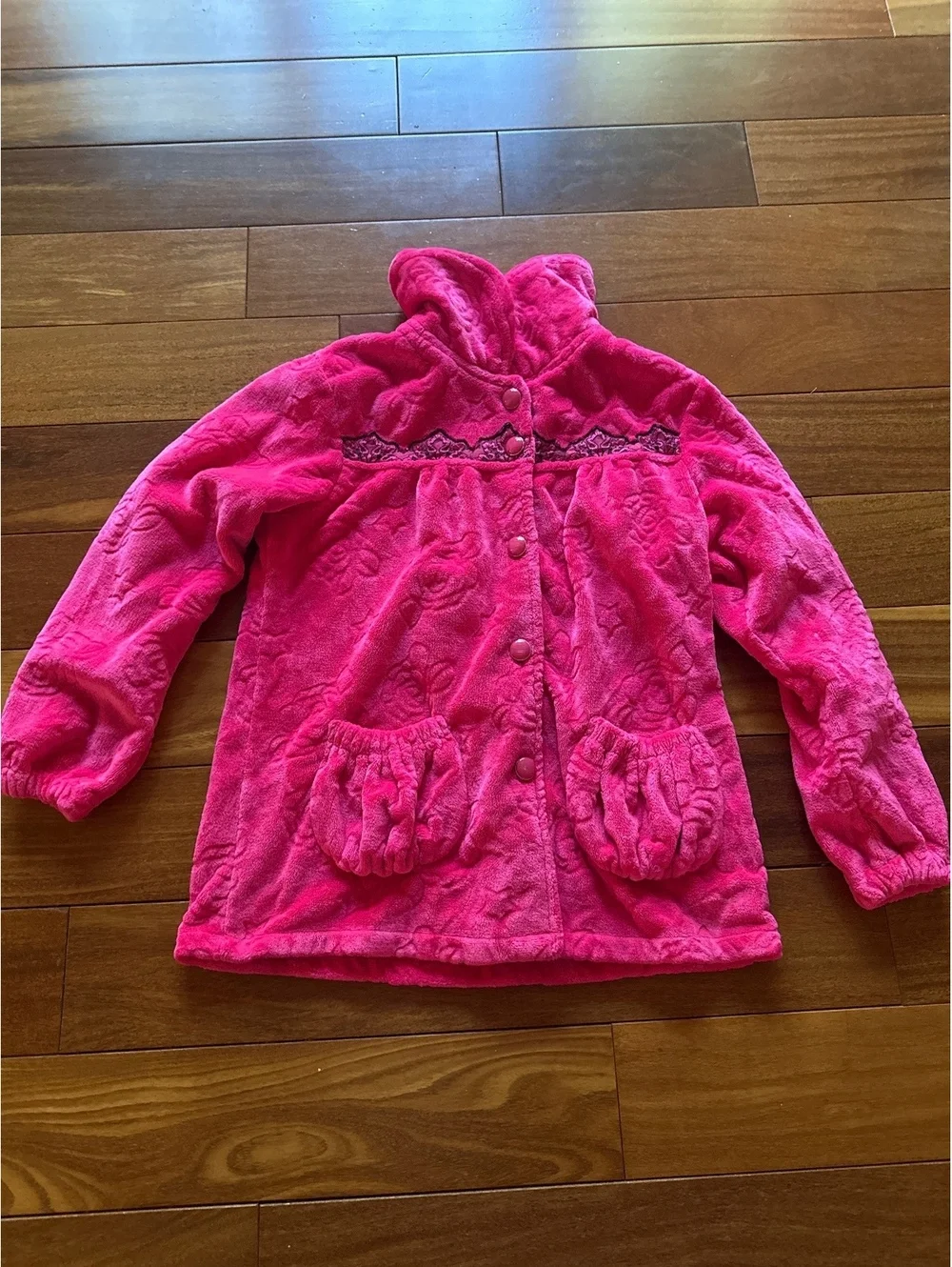 Pink Floral Embossed Fleece Jacket with Ruffle Pockets